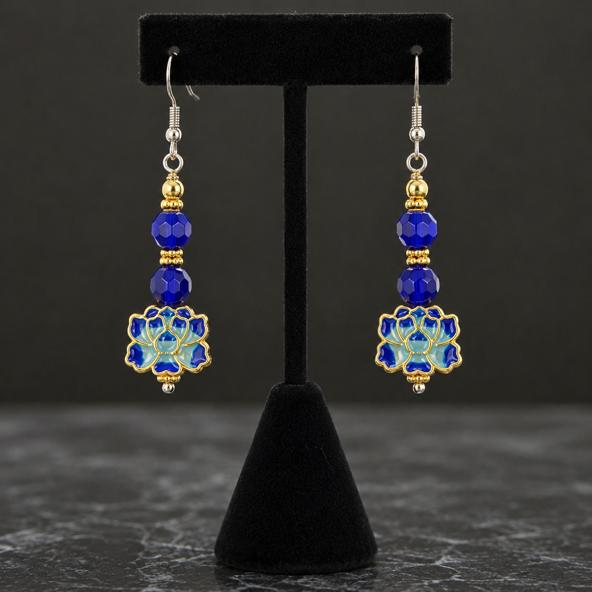 Blue Lotus Elegance Cobalt Blue Faceted & Gold Floral Artisan Earrings