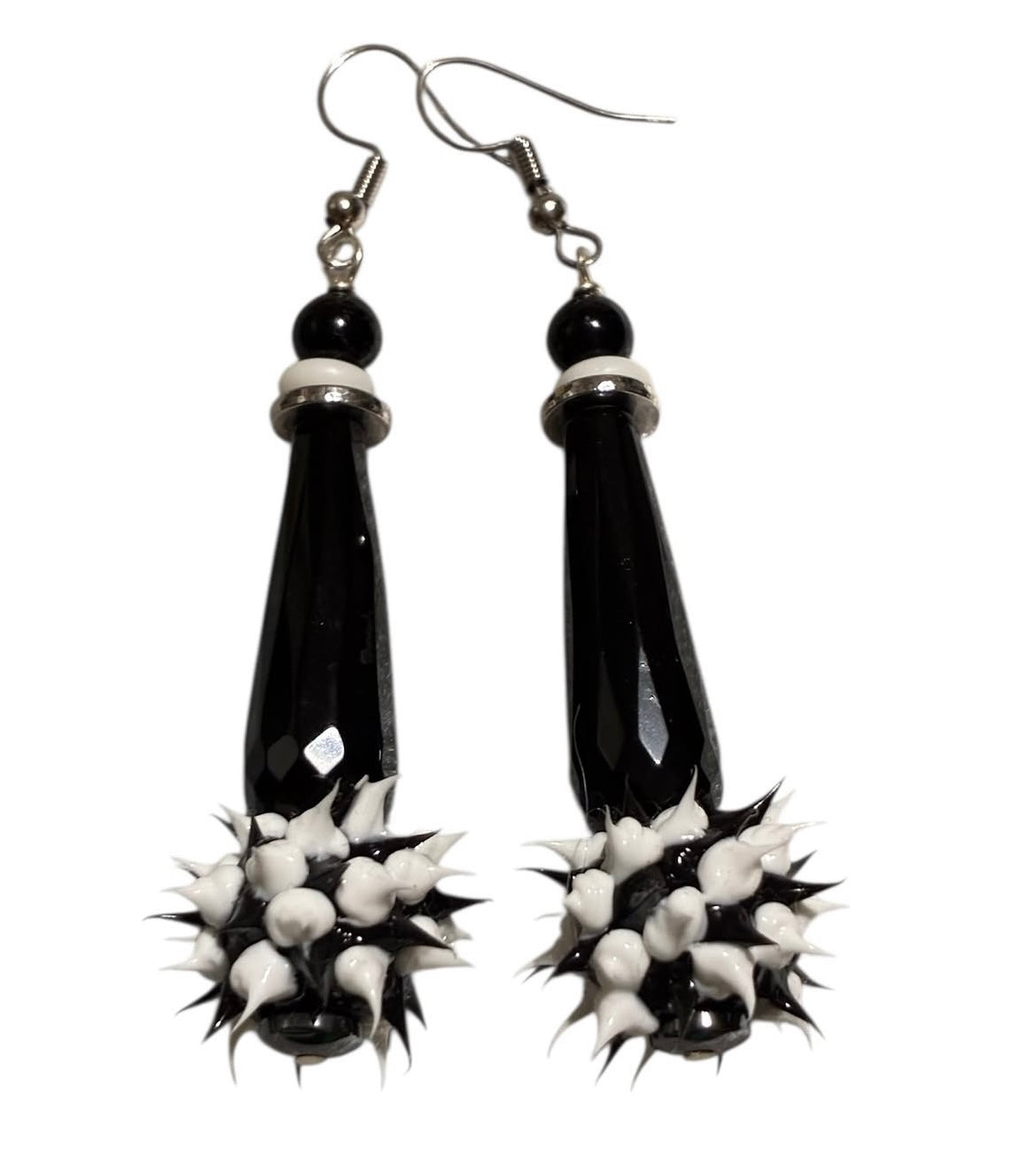 Spiky Black & White Onyx Lampwork Earcandy