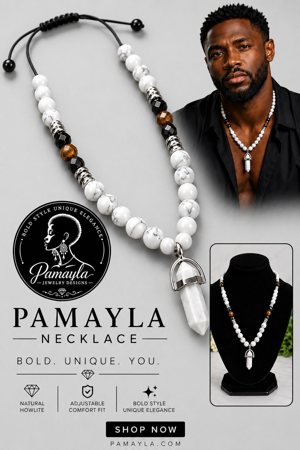 Pamayla beaded necklace with white and black marbled beads, brown accent beads, and a clear quartz crystal pendant, shown alongside a model wearing it and a black display bust view.